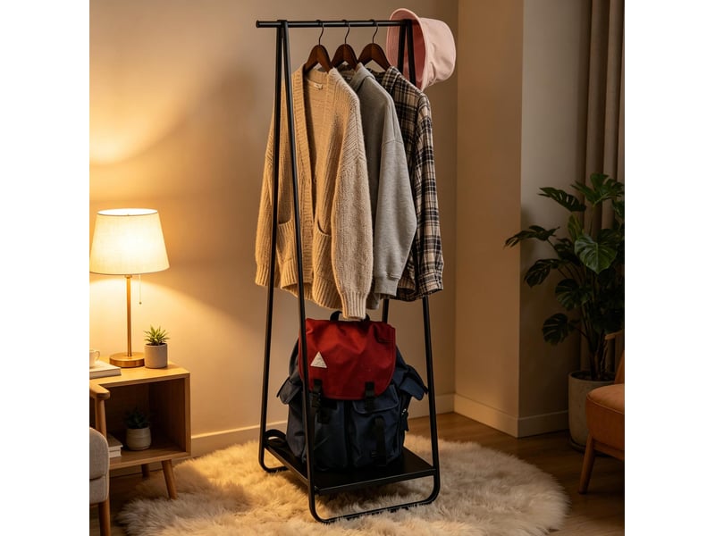  Porte-manteau sur pied noir en métal et bois avec étagère, 141 cm  - Conforama D