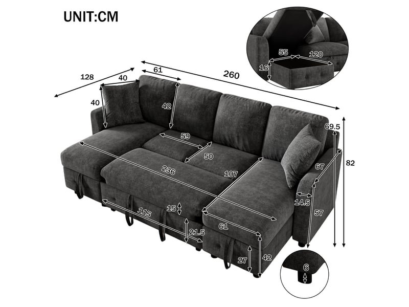  Canapé convertible en u 260x128x82 cm avec rangement en chenille gris foncé  - Conforama C