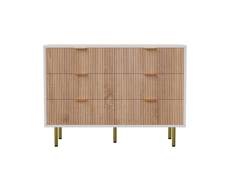 Commode 6 tiroirs, commode 100 cm, commode chambre, design strié bois et blanc, pieds dorés, meuble de rangement, chêne clair - Conforama A