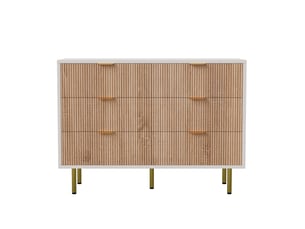 Commode 6 tiroirs, commode 100 cm, commode chambre, design strié bois et blanc, pieds dorés, meuble de rangement, chêne clair