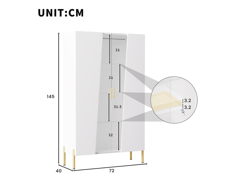  Vitrine led - 72x40x145 cm - meuble de rangement avec porte en verre asymétrique et étagères - blanc  - Conforama E