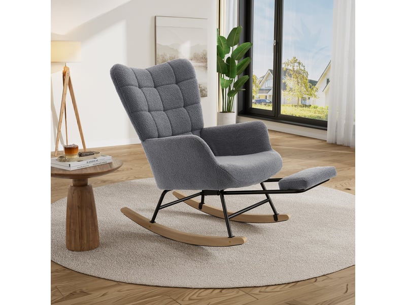  Fauteuil à bascule gris en tissu bouclé avec repose-pieds, dossier haut et coussin épais homvra  - Conforama E