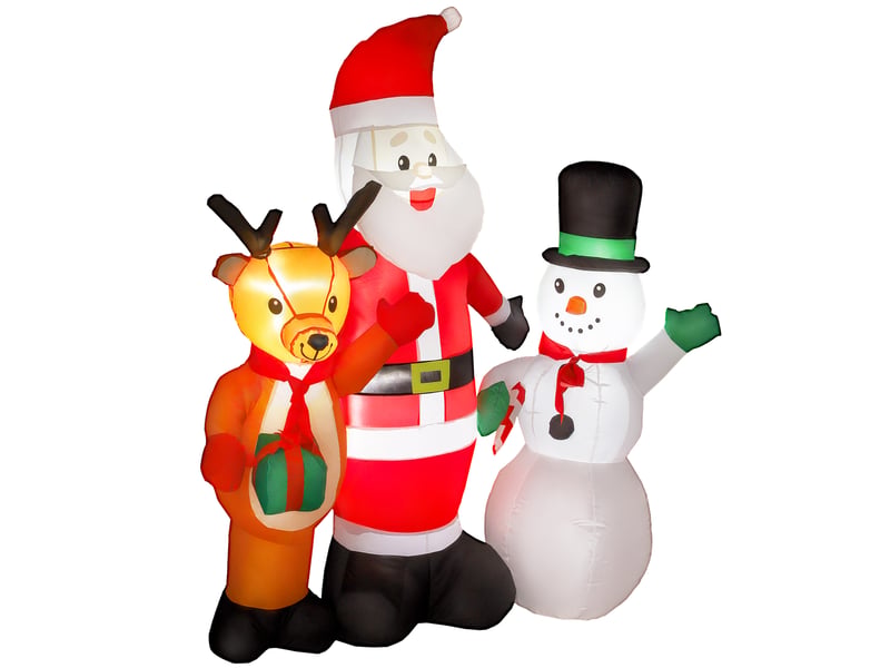  Père noël gonflable de 150 cm avec rennes et bonhomme de neige, lumières led et gonfleur électrique pour jardin et pelouse extérieurs.  - Conforama B