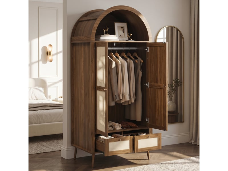 Armoire penderie hauteur 180 cm - 2 portes - 1 barre de penderie - 2 tiroirs - façades effet rotin - design arqué - mdf - noyer - Conforama C