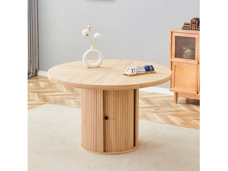 Table à manger ronde 115 cm avec rangement intégré, mdf décor bois clair, 4 à 6 personnes - Conforama D