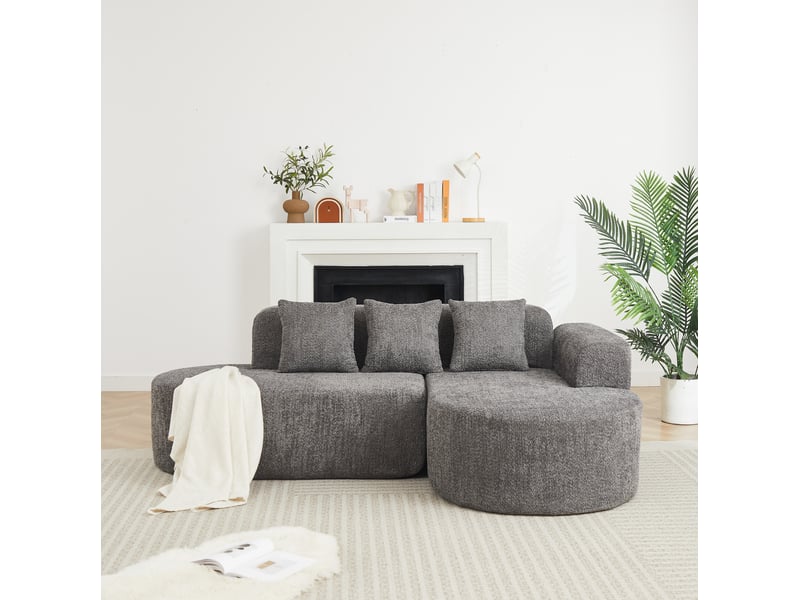 Canapé d’angle 3 places avec 3 coussins de dossier, en tissu chenille gris anthracite - Conforama B