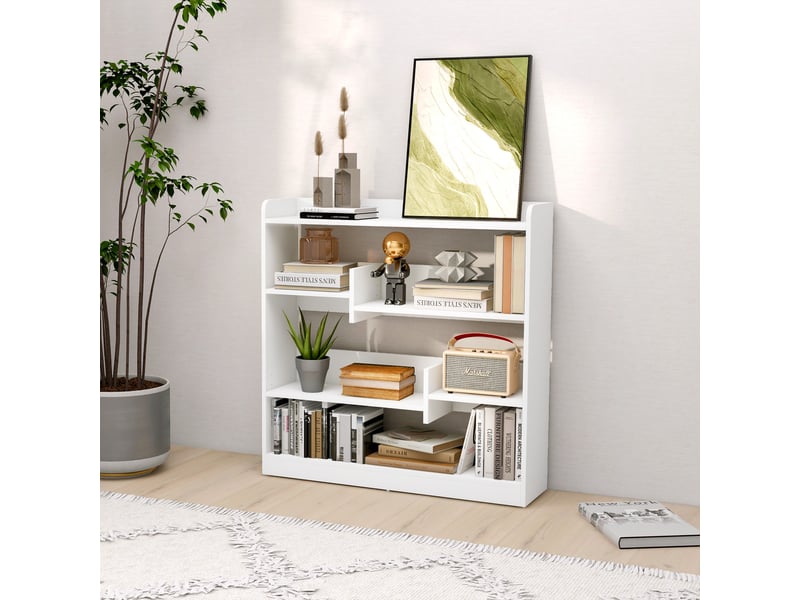  Bibliothèque étagère meuble de rangement dim. 90l x 24l x 91h cm 4 niveaux 3 panneaux arrières panneaux de particules blanc  - Conforama D