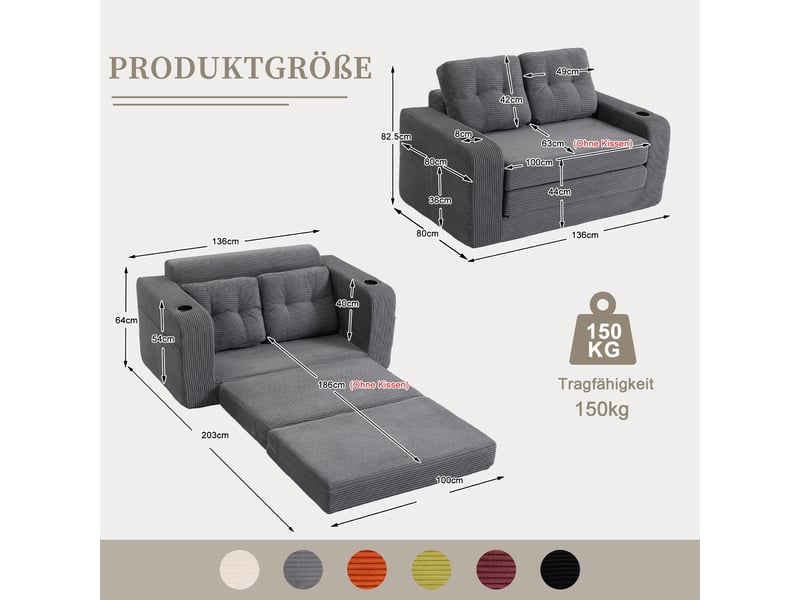  Canapé convertible 2 places en velours côtelé gris 136 cm, canapé lit compact avec assise rembourrée pour petit salon IKSETERA TRADING LTD - Conforama C