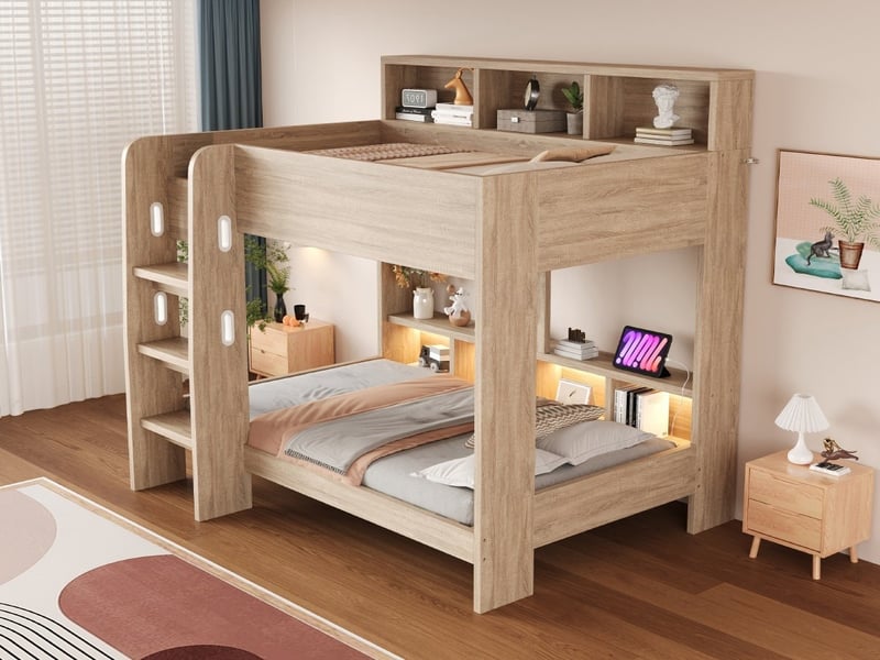  Lit superposé en bois 90 x 200 cm, avec grille de sécurité, échelle de sécurité et compartiment de rangement, couleur bois  - Conforama B