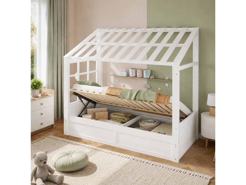  Lit cabane enfant modenvie 90 x 200 cm avec toit, fenêtre, coffre hydraulique et rangements latéraux, blanc  - Conforama E