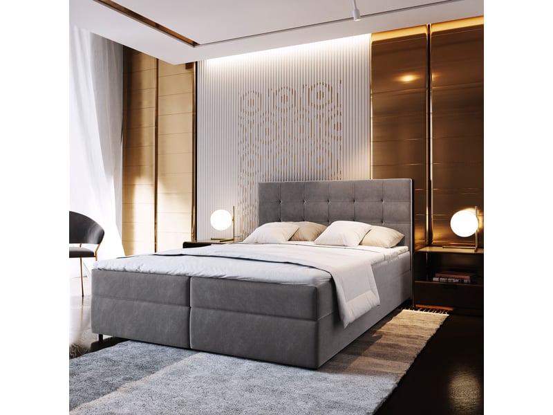  Boxspring glos 200x200 cm, lit complet avec matelas, gris  - Conforama B