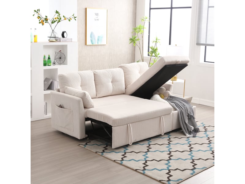  Canapé d'angle convertible 3 places,206x108x66cm,canapé-lit 3 places envelours côtelé avec lit gigogne,méridienne réversible rangement,beige  - Conforama B