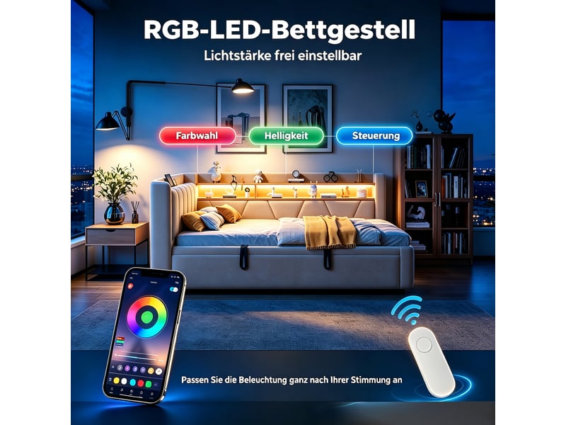  Lit gigogne 90x200 cm en velours avec led, usb et rangement, canapé-lit 3-en-1 extensible en 180x200 cm, lit enfant et adolescent moderne, beige  - Conforama E