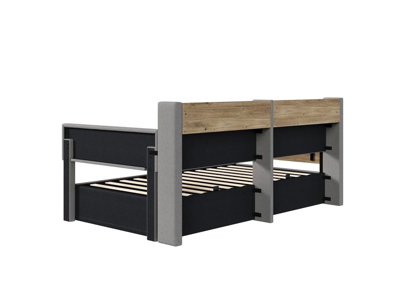  Lit coffre 90 × 200 cm en velours gris, table rabattable, led, usb-c et module latéral réversible Fay Lum - Conforama E