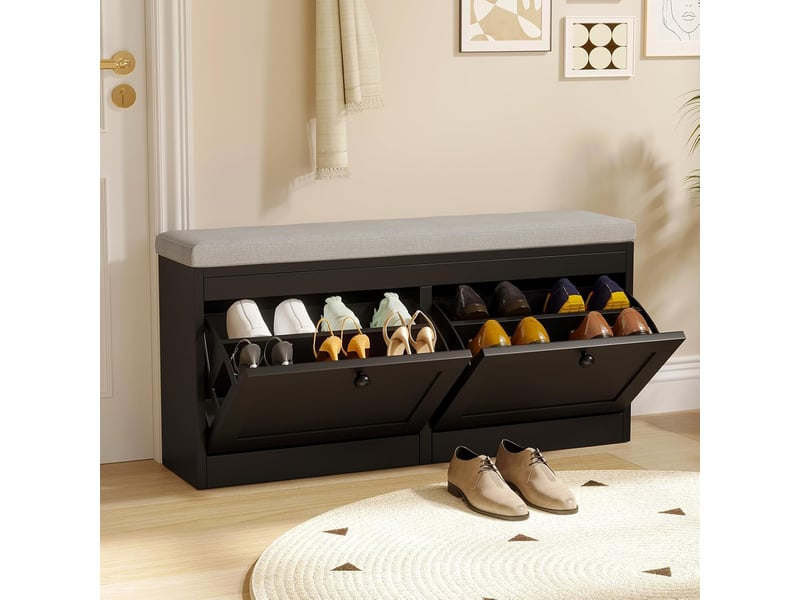  Étagère à chaussures étroite, banc à chaussures avec 2 tiroirs, étagère à chaussures pour entrée, 106l x 31p x 52h cm, bois (noir)  - Conforama B