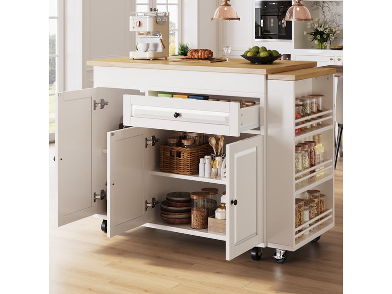  Îlot de cuisine extensible 131-216x55x90 cm avec tiroir, rangement caché et rangements latéraux, table repas - blanc  - Conforama E