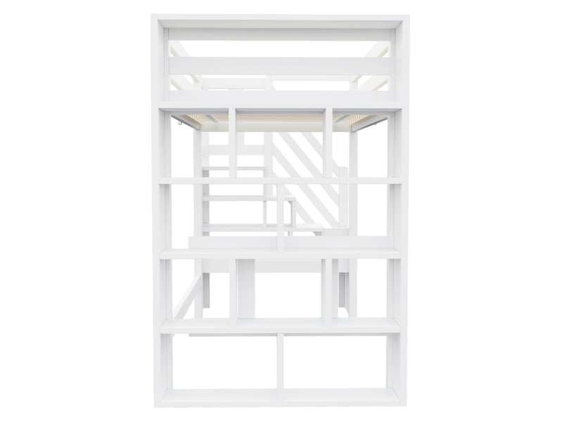  Lit mezzanine enfant 90x200 cm blanc bois, étagères, escalier de rangement et éclairage led intégré  - Conforama E