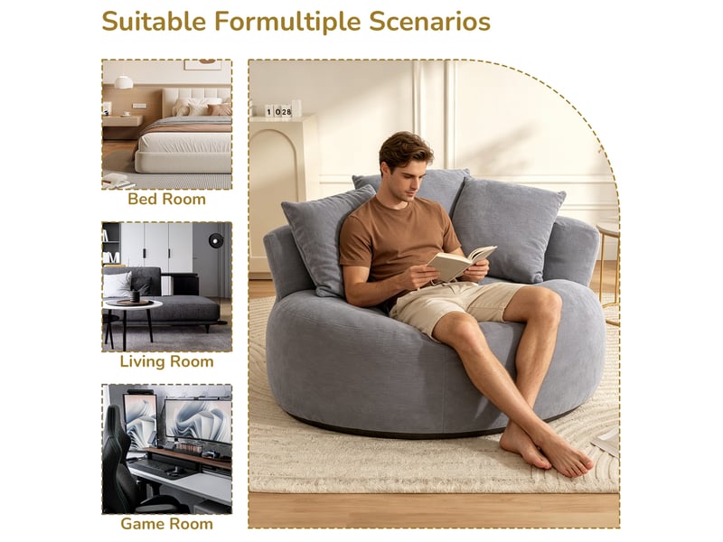  Fauteuil pouf rond xxl à poser au sol, assise en mousse haute résilience avec coussins en velours côtelé gris  - Conforama E