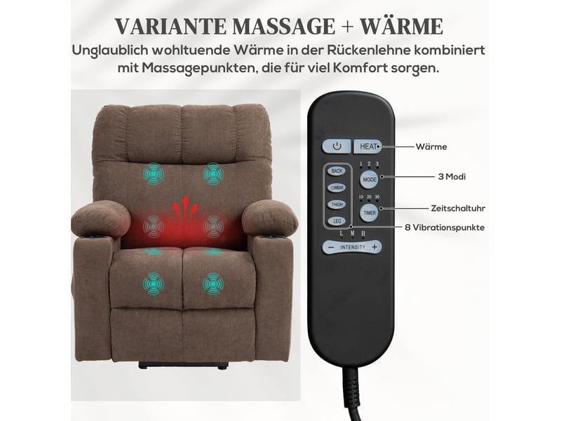  Fauteuil relax électrique releveur avec massage, chaleur et deux porte-gobelets en polyester marron  - Conforama E
