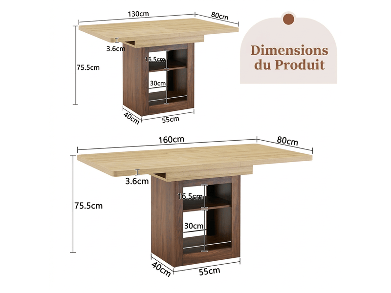  Table à manger extensible 130-160cm 4 à 8 personnes mdf noyer avec rangement gain de place table cuisine moderne salon  - Conforama C