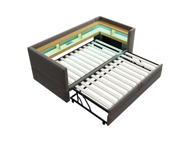 Lit banquette 90180x190 cm – gris foncé – couchage gigogne, led, prises et rangements – sans matelas - Conforama D