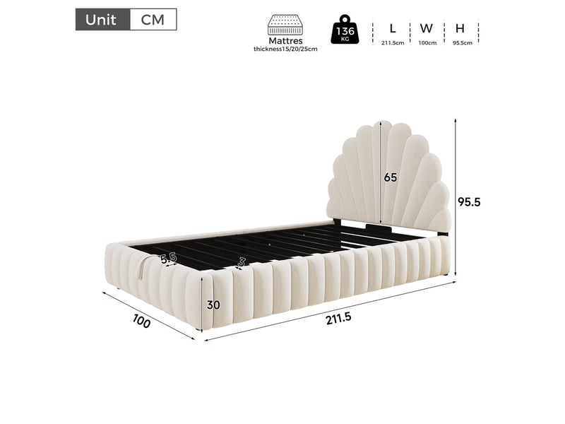 Lit coffre hydraulique 90x200 cm, tête de lit rembourrée en forme de pétale, revêtement en velours beige, avec sommier et grand espace de rangement - Conforama C