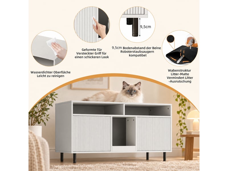  Meuble cache-litière blanc avec rangement, tapis de sortie et portes rainurées, 120x50x66 cm  - Conforama D