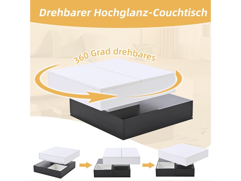  Table basse 70x70x40, finition laquée blanc noir table basse salon, plateau rotatif 360°, 3 tiroirs, rangement intégré, plateau relevable  - Conforama C