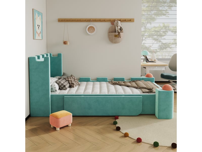  Lit enfant 90x200 cm - lit simple 90x200 - avec tête de lit château, tablette rabattable et tiroir de rangement - velours  - bleu  - Conforama E