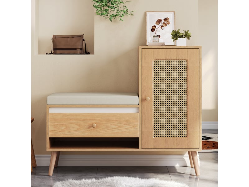  Meuble d’entrée - 95,5x35x80,5 cm - rangements, coussins inclus, 1 tiroir - rotin - naturel Bubbly - Conforama D