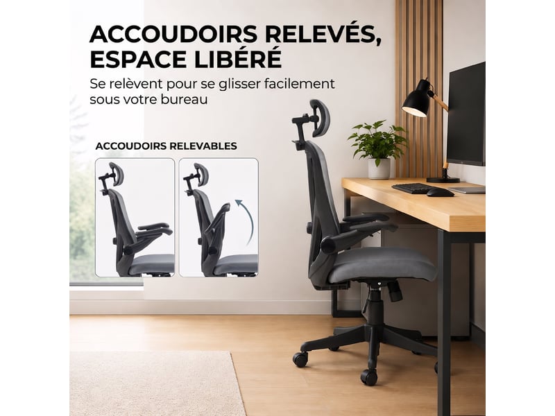  Chaise bureau ergonomique avec accoudoirs 3d et appui-tête réglable, fauteuil de bureau en maille, gris  - Conforama E