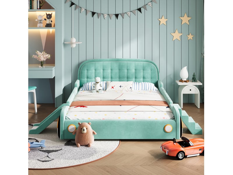 Lit enfant 140 × 200 cm en forme de voiture avec toboggan et escalier réversibles pour chambre 218,5 × 247 × 86 cm - Conforama D