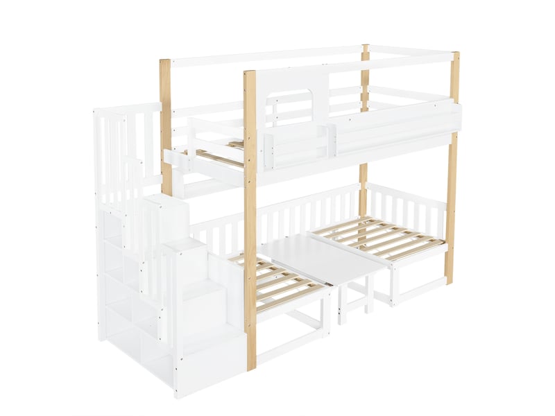  Lit superposé enfant 90x200cm blanc et naturel, table réglable, escalier rangement et bibliothèque  - Conforama A
