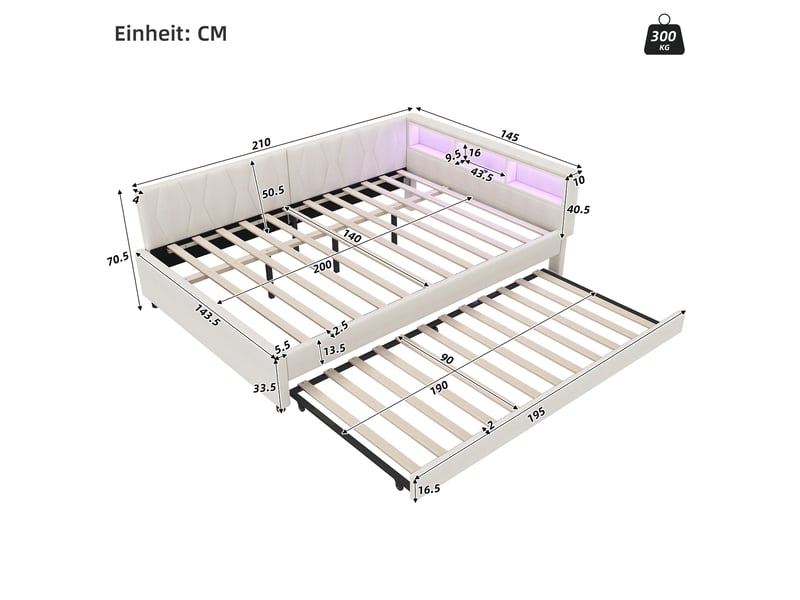  Lit gigogne 140x200 cm avec led et ports usb en lin beige  - Conforama E