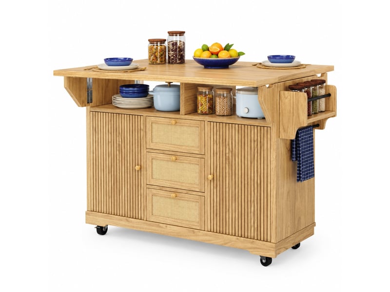 Desserte de cuisine à plateaux rabattables et rangements - lpospi - tiroirs en rotin pe, mdf naturel - Conforama A