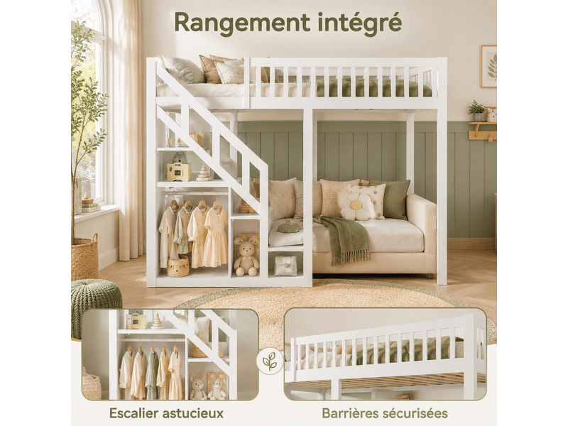  Lit mezzanine enfant pin 90x200, lit adulte loft avec échelle de rangement armoire étagères et sommiers à latte,  barrière de sécurité, escalier rangement intégré, pin massif, lit superposé avec placard de rangement, protection …  - Conforama D