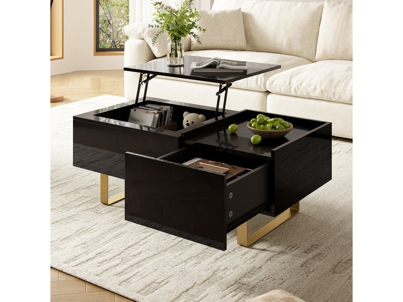  Table basse relevable mdf brillant - avec rangement, tiroir et pieds fer - moderne pour salon  - Conforama E