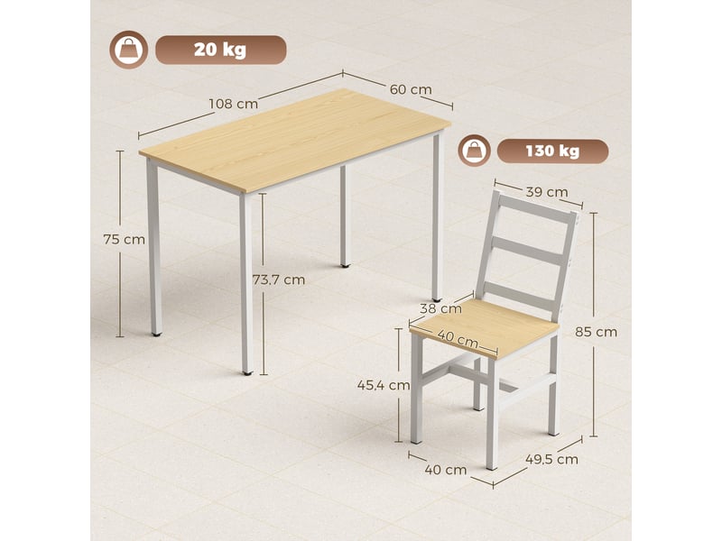  Ensemble table salle à manger avec 4 chaises, chaises à dossier à lattes, table rectangulaire 108 cm, chêne et blanc  - Conforama C
