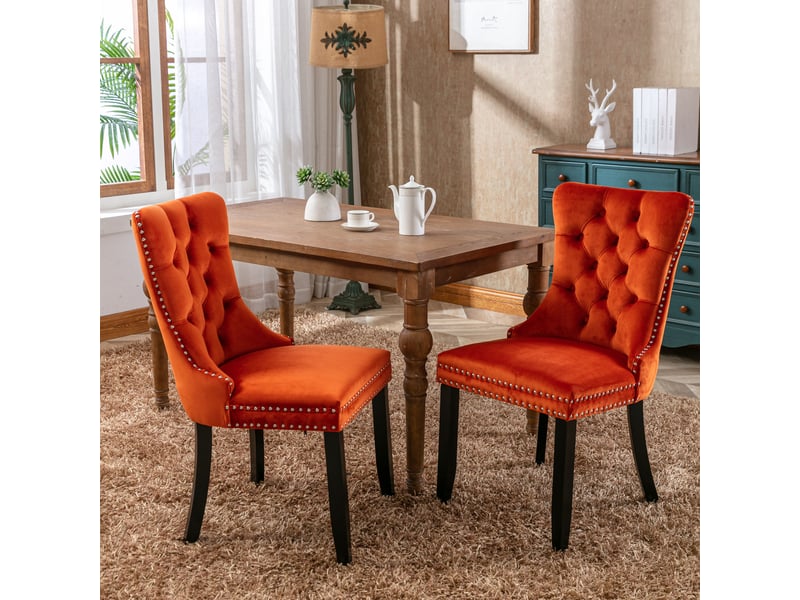  Chaises de salle à manger velours de2001og orange lot de 2 avec pieds bois et clous décoratifs  - Conforama B
