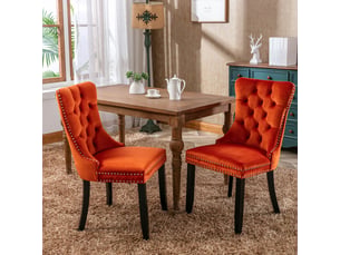 Chaises de salle à manger velours de2001og orange lot de 2 avec pieds bois et clous décoratifs