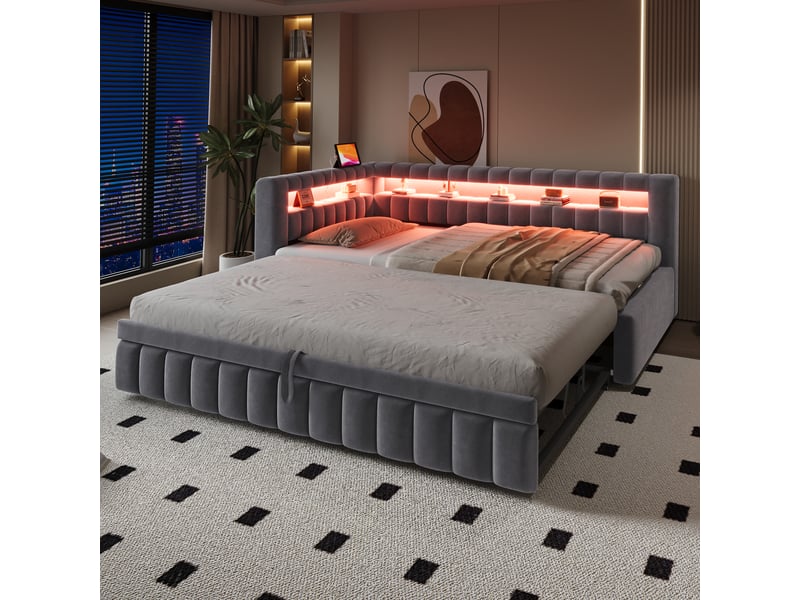  Lit capitonné, lit enfant 90x200 cm, canapé-lit extensible, led, usb, velours gris, réf. 422aae  - Conforama W