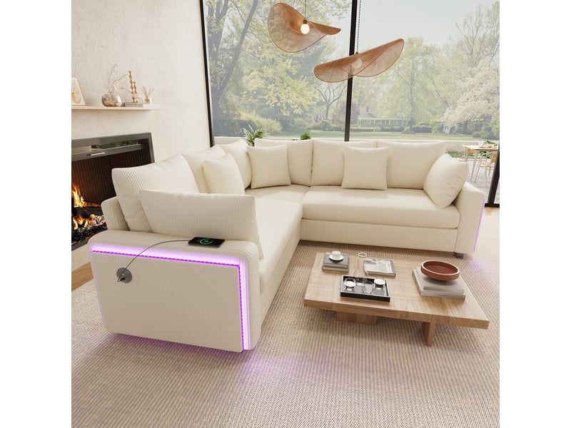 Canapé d'angle 5 places, éclairage led, ports usb et usb-c, velours côtelé, 5 coussins, assise à ressorts pour salon - beige - Conforama D