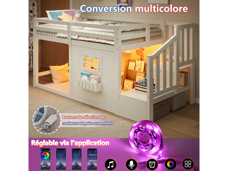 Lit mezzanine 90x200 cm lit cabane enfant en pin, escalier de rangement, fenêtre, led, blanc evarich - Conforama D