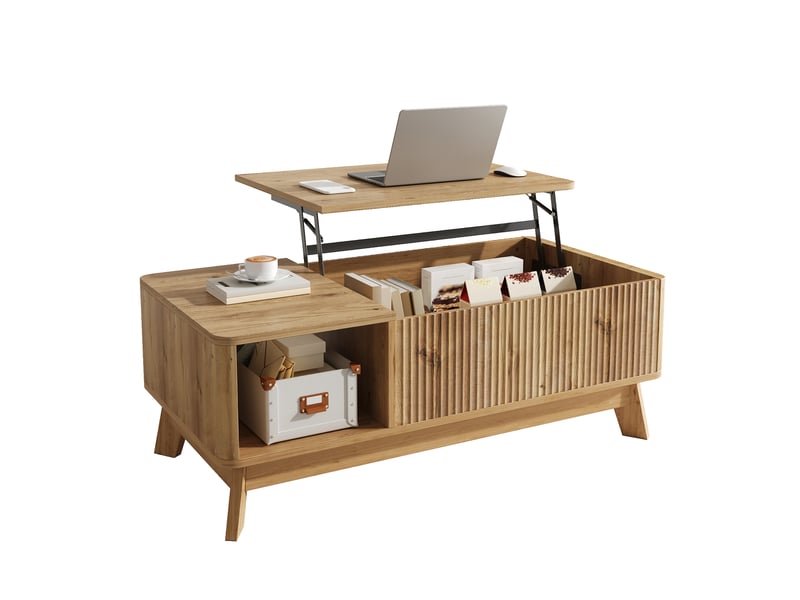  Table basse relevable, design ondulé, compartiment latéral ouvert, matériau mdf, style moderne  - Conforama A