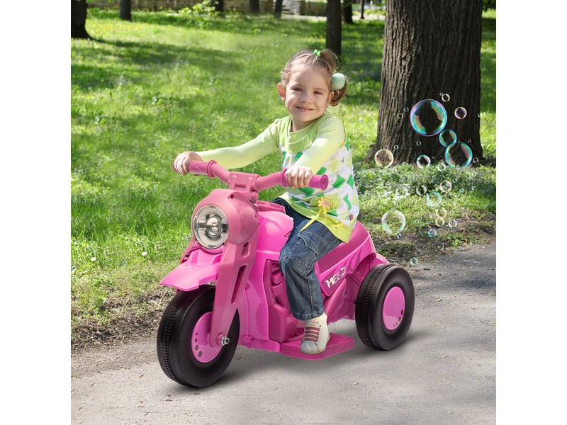 Moto électrique enfants 2-5 ans, 3 roues, 6 v, 3 kmh, avec fonction de bulles, effets lumineux et sonores, rose  - Conforama C
