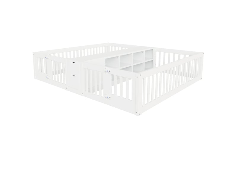  Lit enfant en bois 90x200 cm, lit double avec tiroir et étagère, cadre de lit avec barrière de sécurité, design au sol, blanc  - Conforama E