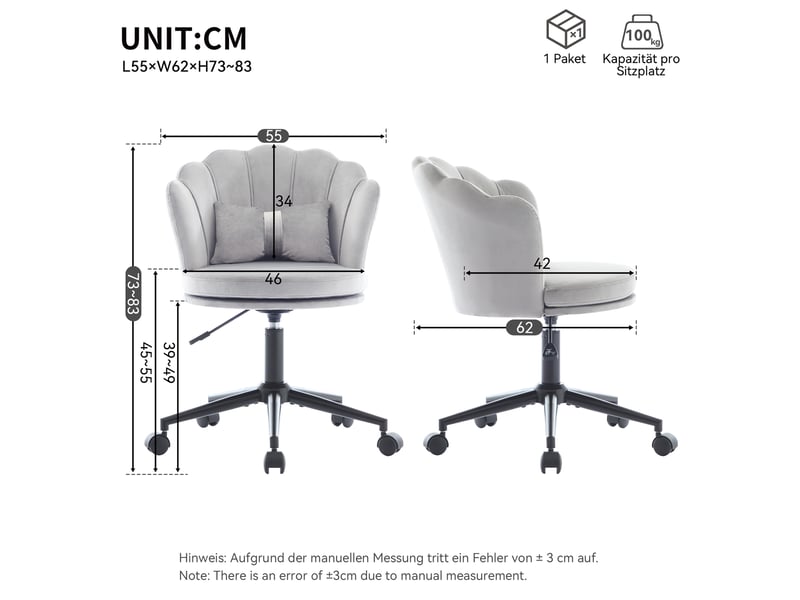  Fauteuil de bureau pivotant en velours, hauteur réglable 73-83 cm avec coussin - gris Fay Lum - Conforama C