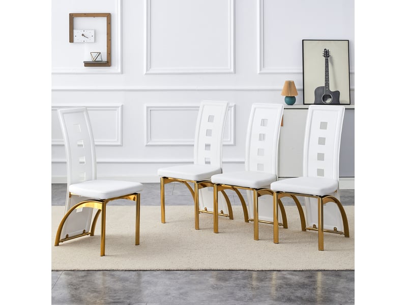  Lot de 4 chaises de salle à manger blanches et dorées en cuir régénéré, dossier ajouré et pieds en métal  - Conforama B