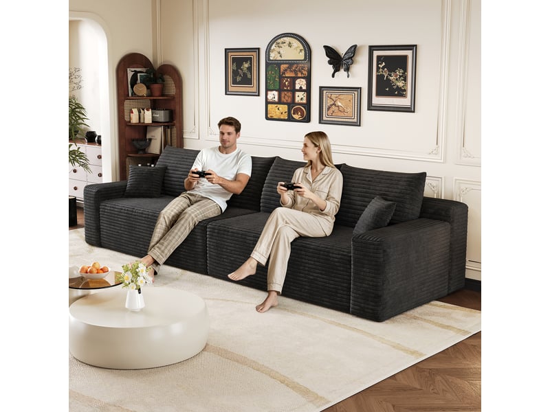  Canapé droit modulaire 302 cm sans structure ni montage, canapé-lit en mousse et velours côtelé doux, style moderne minimaliste pour salon, noir OPULERANE TRADING LTD - Conforama E