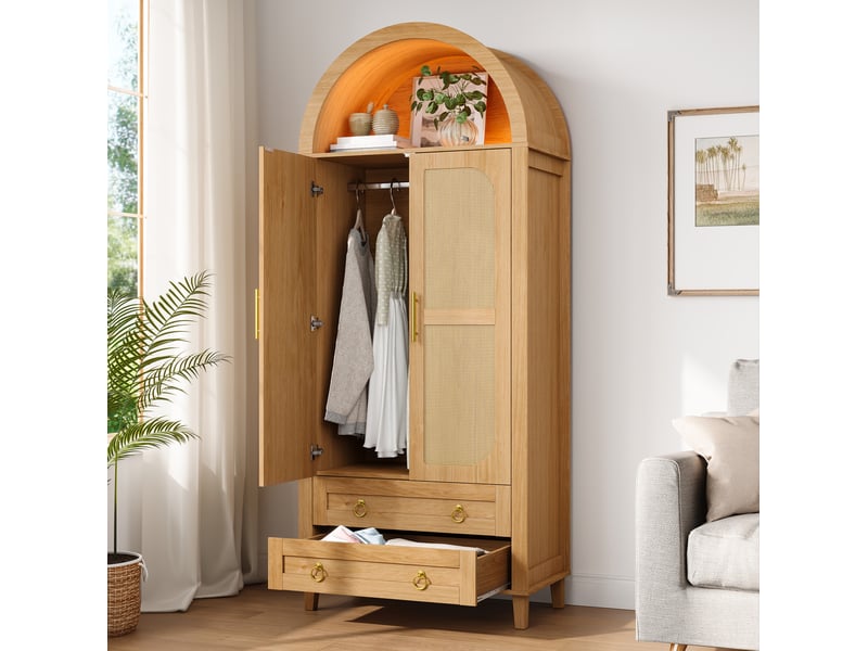  Armoire 2 portes 76x50x184 cm avec led et 2 tiroirs coloris naturel  - Conforama E